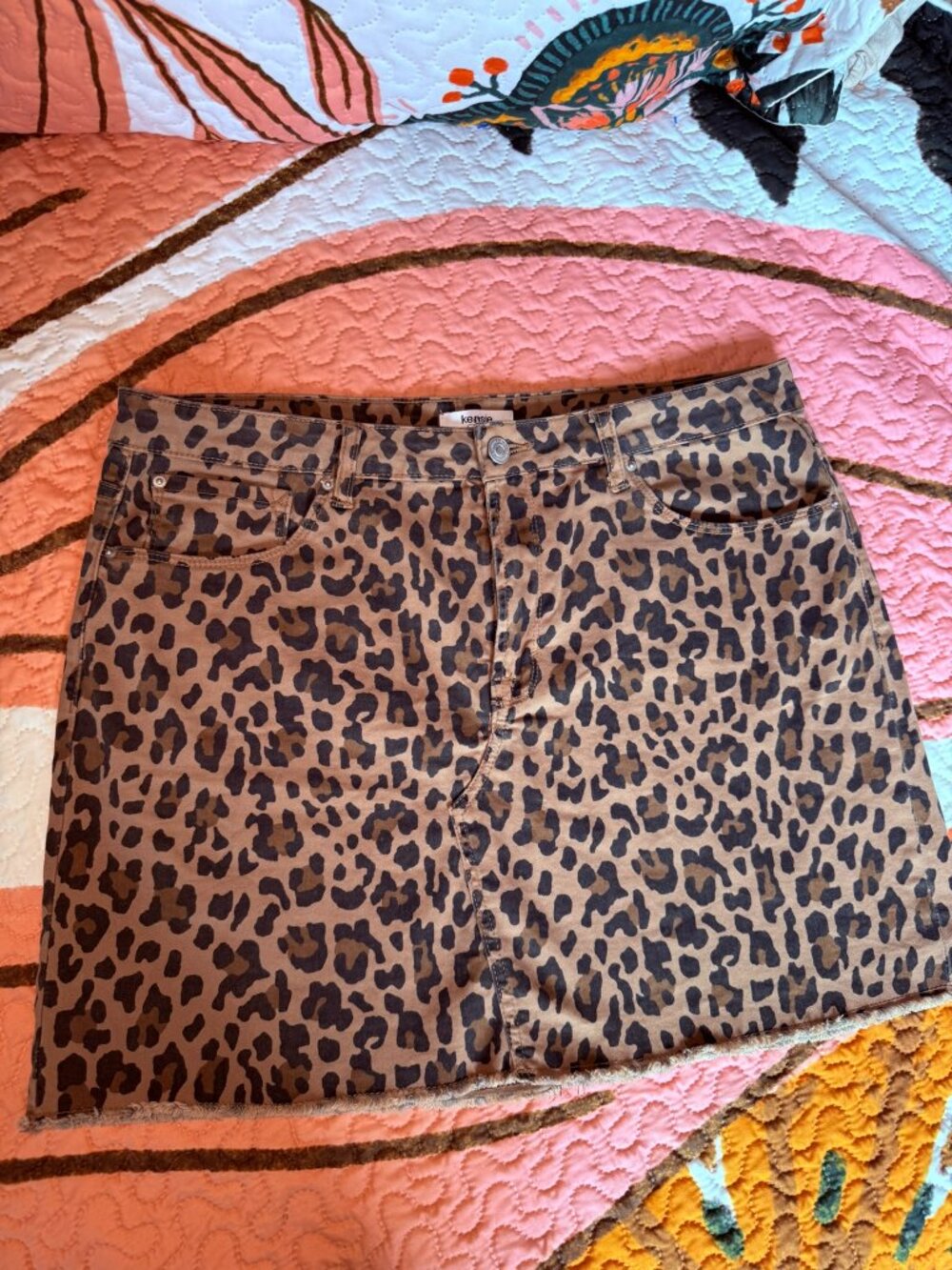 Kensie Leopard 90s Y2K Print Cotton Raw Hem Denim Mini Skirt Size 12